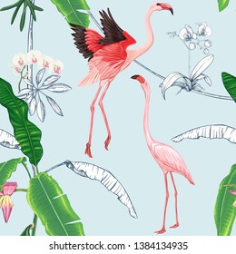 Seamless pattern, background. with tropical plants and flowers with white orchid and tropical birds on sky blue background. Colored and outline design. Vector illustration.
