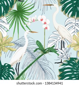 Seamless pattern, background. with tropical plants and flowers with white orchid and tropical birds on sky blue background. Colored and outline design. Vector illustration.
