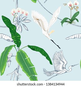Seamless pattern, background. with tropical plants and flowers with white orchid and tropical birds on sky blue background. Colored and outline design. Vector illustration.
