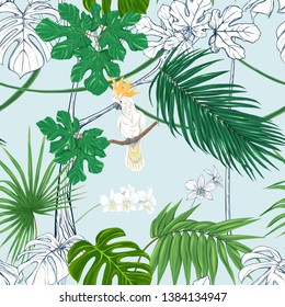 Seamless pattern, background. with tropical plants and flowers with white orchid and tropical birds on sky blue background. Colored and outline design. Vector illustration.
