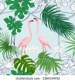 Seamless pattern, background. with tropical plants and flowers with white orchid and tropical birds on sky blue background. Colored and outline design. Vector illustration.

