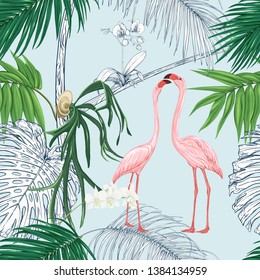 Seamless pattern, background. with tropical plants and flowers with white orchid and tropical birds on sky blue background. Colored and outline design. Vector illustration.
