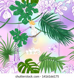 Seamless pattern, background. with tropical plants and flowers with white orchid and tropical birds In light ultra violet pastel mesh background. Colored and outline design. Vector illustration.
