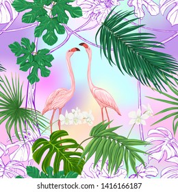 Seamless pattern, background. with tropical plants and flowers with white orchid and tropical birds In light ultra violet pastel mesh background. Colored and outline design. Vector illustration.
