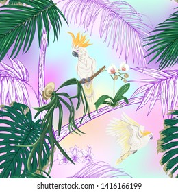 Seamless pattern, background. with tropical plants and flowers with white orchid and tropical birds In light ultra violet pastel mesh background. Colored and outline design. Vector illustration.
