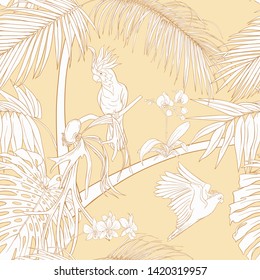 Seamless pattern, background with tropical plants and flowers with orchid and tropical birds on soft yellow background. Outline hand drawing vector illustration.