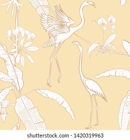 Seamless pattern, background with tropical plants and flowers with orchid and tropical birds on soft yellow background. Outline hand drawing vector illustration.