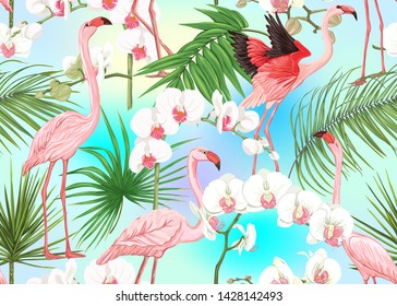 Seamless pattern, background with tropical plants, flowers and birds. Colored vector illustration. In light ultra violet pastel colors on mesh pink, blue background 
