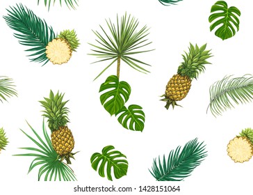 Seamless pattern, background with tropical plants, flowers. Colored vector illustration. Isolated on white background.