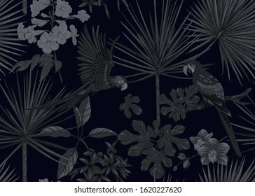 Seamless pattern, background. with tropical plants and flowers with orchid and tropical birds. Vector illustration in black colors..