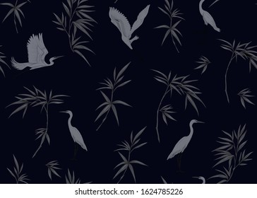 Seamless pattern, background. with tropical plants and flowers with orchid and tropical birds. Vector illustration in black colors..
