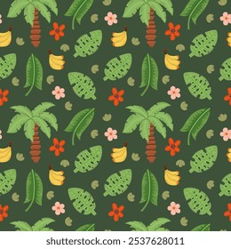 Seamless pattern or background with tropical plants on green background, bright modern children's illustration with palm trees, flowers, monstera and bananas