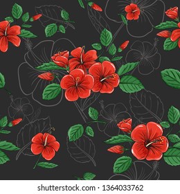 Seamless pattern background of tropical red hibiscus flower in abstract dark color vector design.