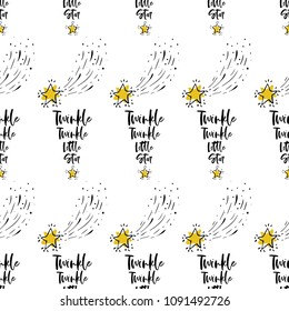 Seamless pattern background with twinkle twinkle little star text and falling stars. Doodle hand drawn illustration in watercolor scandinavian style. Black, gold yellow graphic on white background.