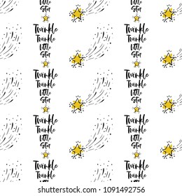 Seamless pattern background with twinkle twinkle little star text and falling stars. Doodle hand drawn illustration in watercolor scandinavian style. Black, gold yellow graphic on white background.