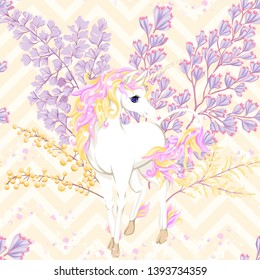 Seamless pattern, background with unicorn and  fantastic flowers and glitter. Vector illustration. On light yellow zigzag background 