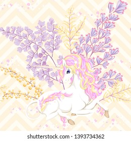 Seamless pattern, background with unicorn and  fantastic flowers and glitter. Vector illustration. On light yellow zigzag background 