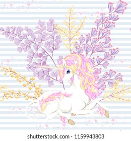 Seamless pattern, background with unicorn and  fantsatic flowers and glitter. Vector illustration. In soft pastel colors. On blue and white stripes background.