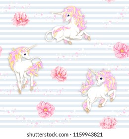 Seamless pattern, background with unicorn and  fantsatic flowers and glitter. Vector illustration. In soft pastel colors. On blue and white stripes background.