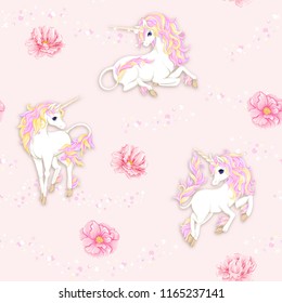 Seamless pattern, background with unicorn and  fantsatic flowers and glitter. Vector illustration. In pink  colors.