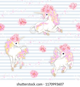 Seamless pattern, background with unicorn and  fantsatic flowers and glitter. Vector illustration. In soft pastel colors. On blue and white stripes background.
