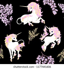Seamless pattern, background with unicorn and  fantsatic flowers and glitter. Vector illustration. Isolated on black background.