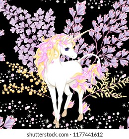 Seamless pattern, background with unicorn and  fantsatic flowers and glitter. Vector illustration. Isolated on black background.