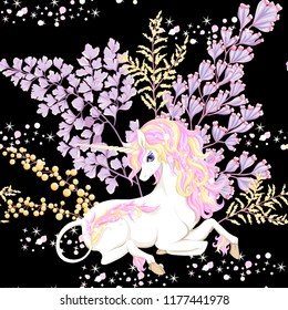 Seamless pattern, background with unicorn and  fantsatic flowers and glitter. Vector illustration. Isolated on black background.
