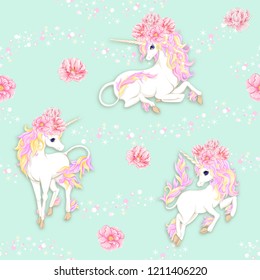 Seamless pattern, background with unicorn and  fantsatic flowers and glitter. Vector illustration. In soft pastel colors.