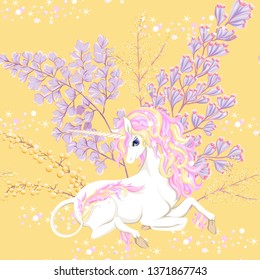 Seamless pattern, background with unicorn and  fantsatic flowers and glitter. Vector illustration. In pink  and yellow colors.