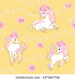 Seamless pattern, background with unicorn and  fantsatic flowers and glitter. Vector illustration. In pink  and yellow colors.