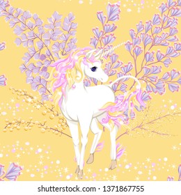 Seamless pattern, background with unicorn and  fantsatic flowers and glitter. Vector illustration. In pink  and yellow colors.