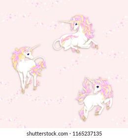 Seamless pattern, background with unicorn and glitter. Vector illustration. In pink  colors.