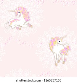 Seamless pattern, background with unicorn and  mandala pattern and glitter. Vector illustration. In pink  colors.