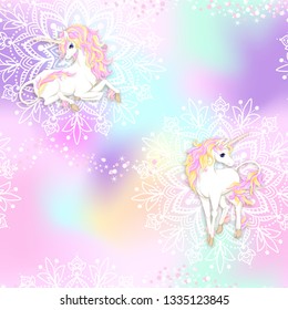 Seamless pattern, background with unicorn and  mandala pattern and glitter. Vector illustration. In light ultra violet pastel colors on mesh pink, blue background 