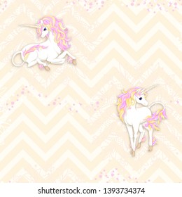 Seamless pattern, background with unicorn and  mandala pattern and glitter. Vector illustration. On light yellow zigzag background 