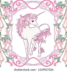 Seamless pattern, background with unicorn and vintage, fantsatic flowers In art nouveau style, vintage, old, retro style. Vector illustration. Isolated on white background.