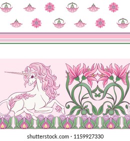 Seamless pattern, background with unicorn and vintage, fantsatic flowers In art nouveau style, vintage, old, retro style. Vector illustration. Isolated on white background.