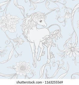 Seamless pattern, background with unicorn and vintage, fantsatic flowers In art nouveau style, vintage, old, retro style. Vector illustration. In vintage blue and beige colors.
