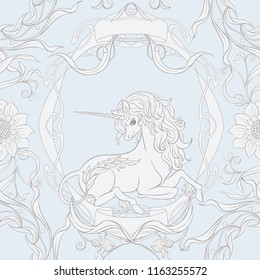 Seamless pattern, background with unicorn and vintage, fantsatic flowers In art nouveau style, vintage, old, retro style. Vector illustration. In vintage blue and beige colors.