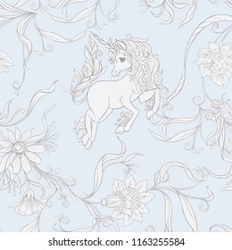 Seamless pattern, background with unicorn and vintage, fantsatic flowers In art nouveau style, vintage, old, retro style. Vector illustration. In vintage blue and beige colors.