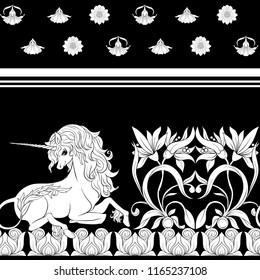 Seamless pattern, background with unicorn and vintage, fantsatic flowers In art nouveau style, vintage, old, retro style. Vector illustration. Black-and-white graphics.