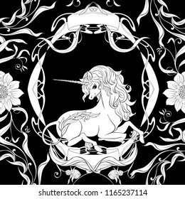 Seamless pattern, background with unicorn and vintage, fantsatic flowers In art nouveau style, vintage, old, retro style. Vector illustration. Black-and-white graphics.