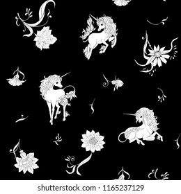 Seamless pattern, background with unicorn and vintage, fantsatic flowers In art nouveau style, vintage, old, retro style. Vector illustration. Black-and-white graphics.