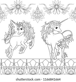 Seamless pattern, background with unicorn and vintage, fantsatic flowers In art nouveau style, vintage, old, retro style. Vector illustration. Outline hand drawing. Good for coloring page.