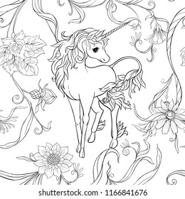 Seamless pattern, background with unicorn and vintage, fantsatic flowers In art nouveau style, vintage, old, retro style. Vector illustration. Outline hand drawing. Good for coloring page.