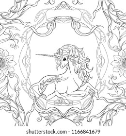 Nahtloses Muster, Hintergrund mit Einhorn und Vintage, fantasievolle Blumen Im Jugendstil, Vintage, alt, Retro-Stil. Vektorgrafik. Umrisszeichnung. Gut zum Färben der Seite.