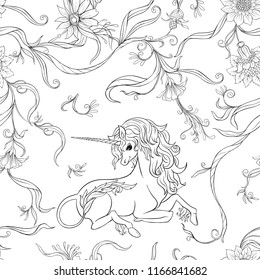 Seamless pattern, background with unicorn and vintage, fantsatic flowers In art nouveau style, vintage, old, retro style. Vector illustration. Outline hand drawing. Good for coloring page.