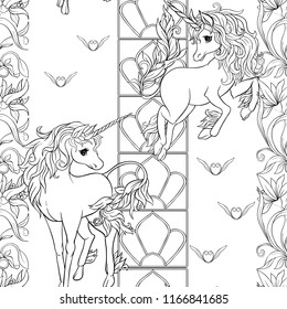 Seamless pattern, background with unicorn and vintage, fantsatic flowers In art nouveau style, vintage, old, retro style. Vector illustration. Outline hand drawing. Good for coloring page.