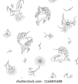 Seamless pattern, background with unicorn and vintage, fantsatic flowers In art nouveau style, vintage, old, retro style. Vector illustration. Outline hand drawing. Good for coloring page.